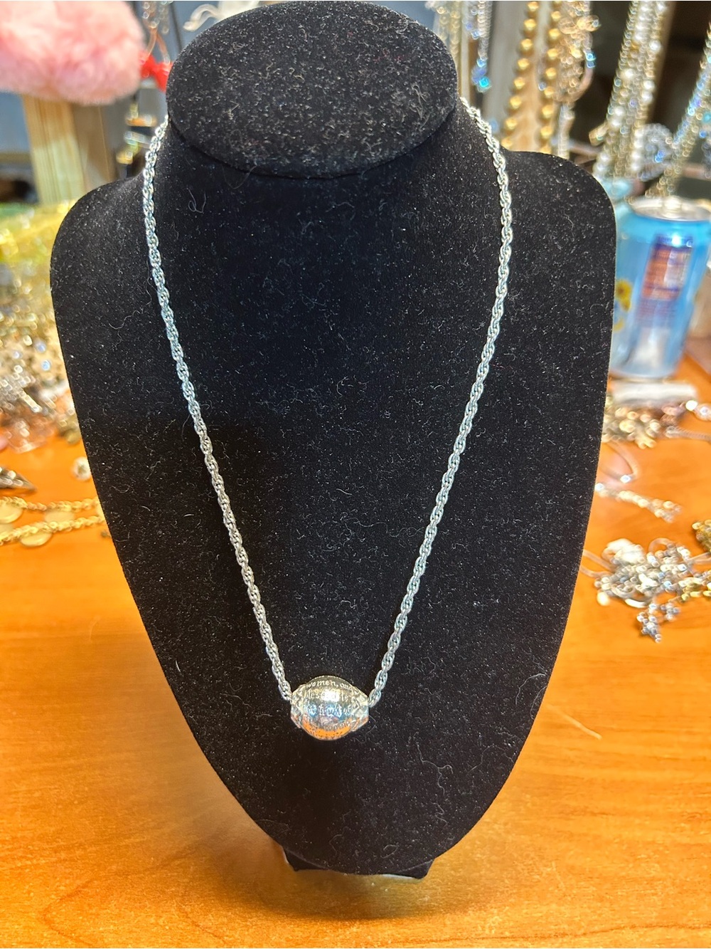 Silver Rope Chain Necklace with Sparkling Silver Orb Pendant
